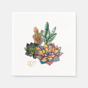 Rustic Watercolor Succulent Initials Napkin