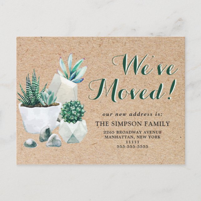 Rustic Watercolor Succulent Moving Announcement Postcard (Front)