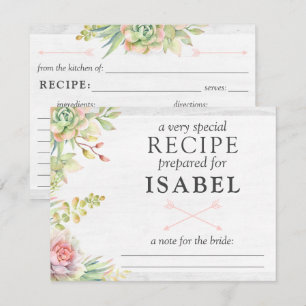 Rustic Watercolor Succulent Recipe Card For Bride