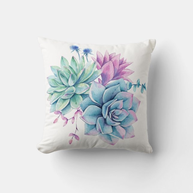 Rustic Watercolor Succulent Throw Pillow (Front)