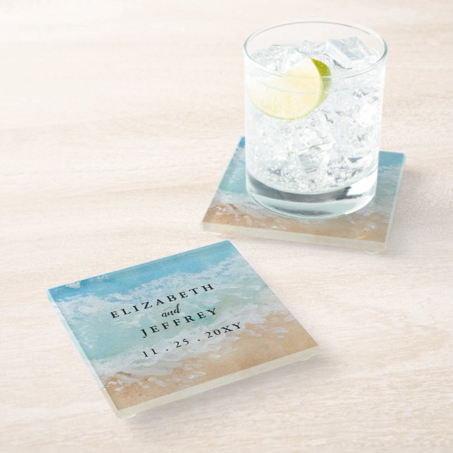 Rustic Watercolor Summer Sea Beach Wedding  Glass Coaster (Angled)