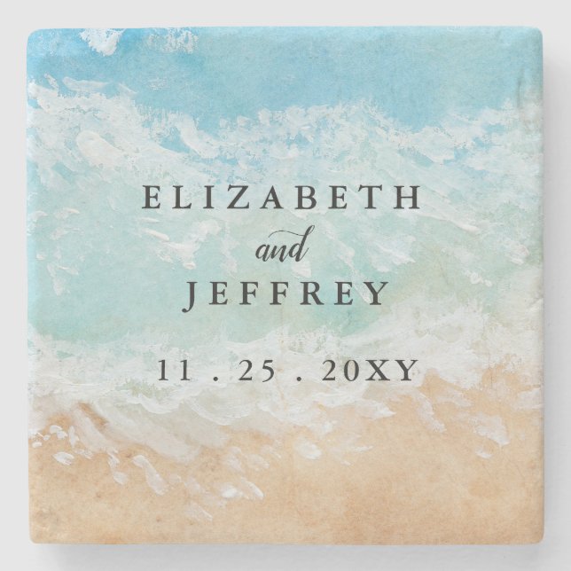 Rustic Watercolor Summer Sea Beach Wedding  Stone Coaster (Front)