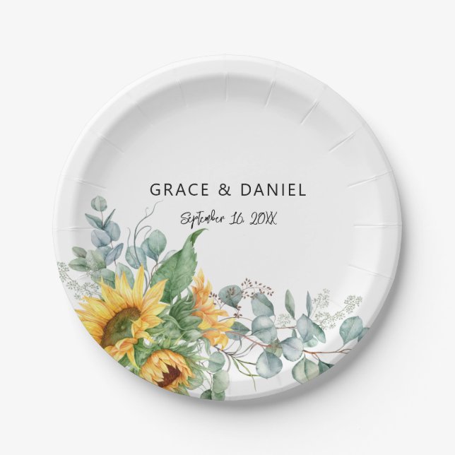 Rustic Watercolor Sunflower Eucalyptus Greenery Paper Plate (Front)