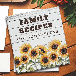 Rustic Watercolor Sunflower Family Recipe Book Binder