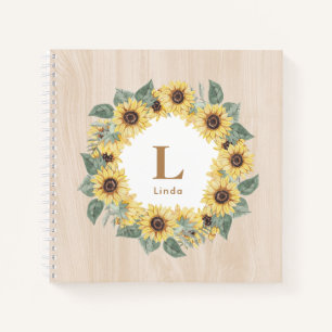 Rustic Watercolor Sunflower Floral Wood Monogram Notebook