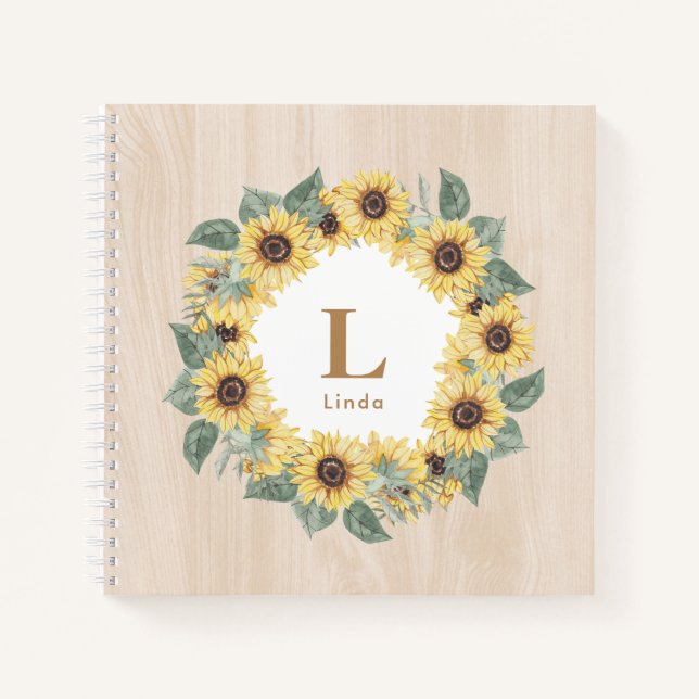 Rustic Watercolor Sunflower Floral Wood Monogram Notebook (Front)