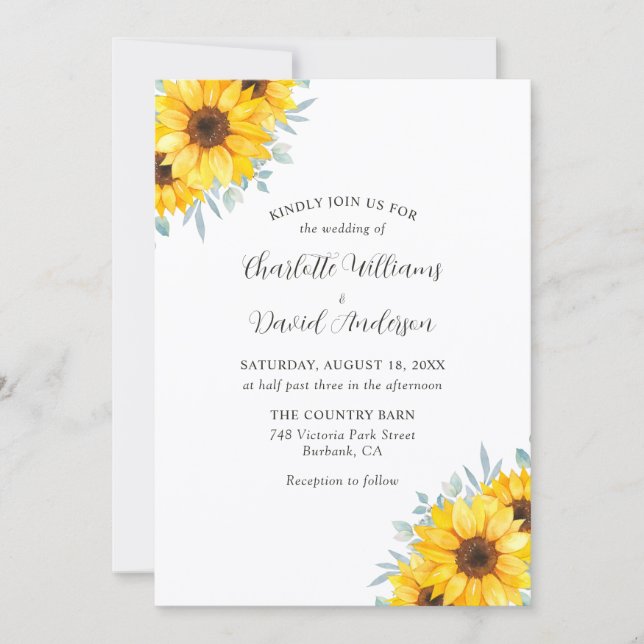 Rustic Watercolor Sunflower Greenery Wedding Invitation (Front)