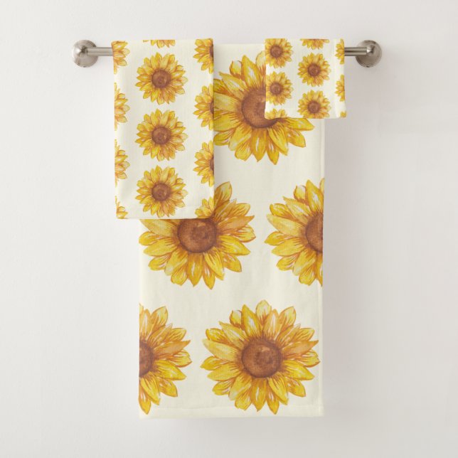Rustic Watercolor Sunflower Pattern Farmhouse Bath Towel Set (Insitu)