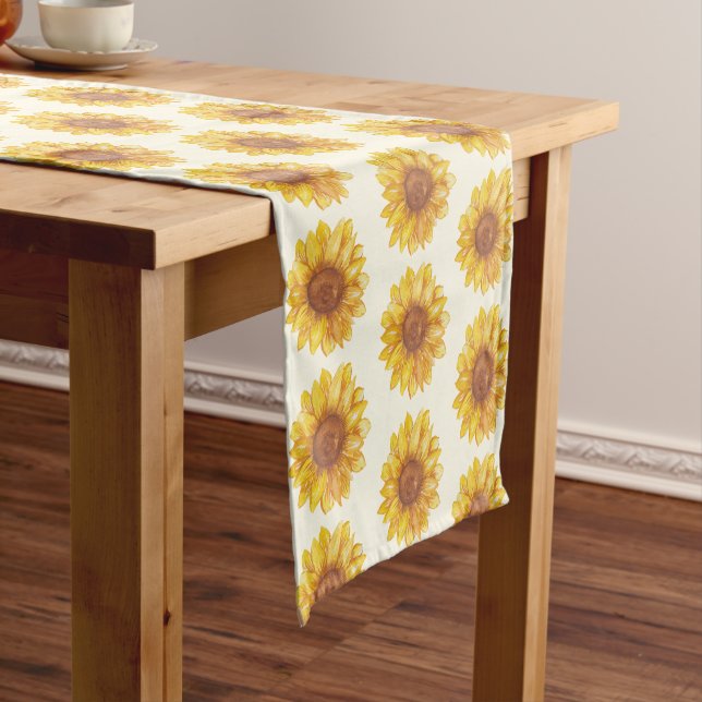 Rustic Watercolor Sunflower Pattern Farmhouse Short Table Runner (In Situ)
