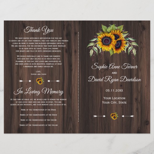 Rustic Watercolor Sunflower Programme de mariage e (Devant)