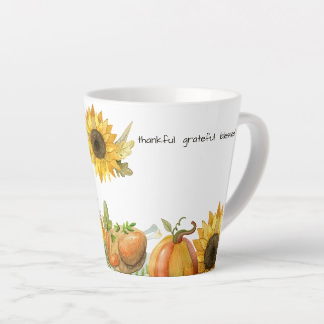 Rustic Watercolor Sunflower Pumpkin Personalized Latte Mug (Right Angle)