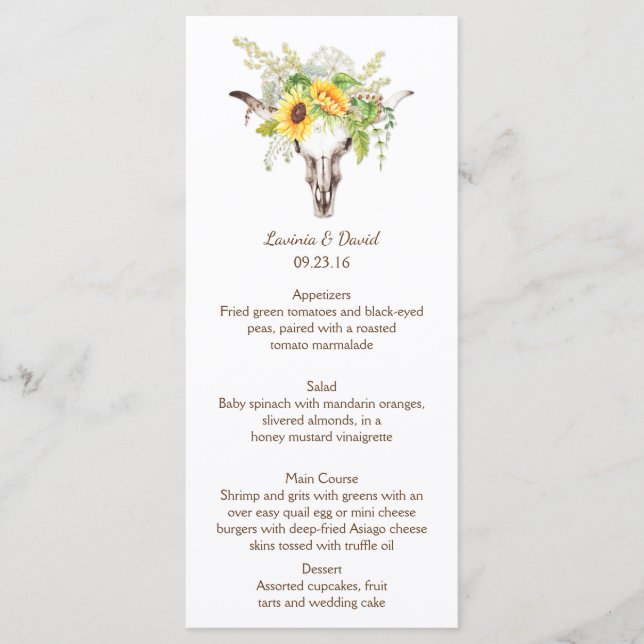 Rustic Watercolor Sunflowers Long Horn Menu Cards (Front)
