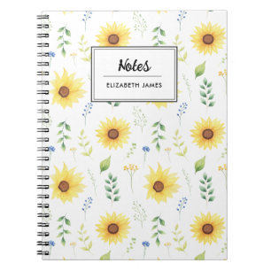 Rustic Watercolor Sunflowers Pattern Personalized Notebook