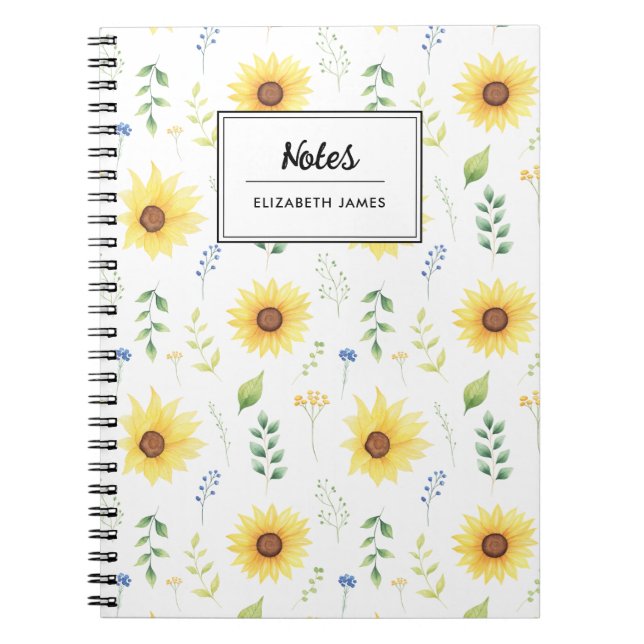 Rustic Watercolor Sunflowers Pattern Personalized Notebook (Front)
