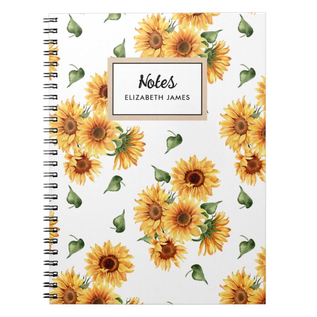 Rustic Watercolor Sunflowers Pattern Personized Notebook (Front)