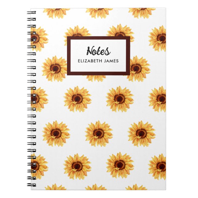 Rustic Watercolor Sunflowers Pattern Personized Notebook (Front)