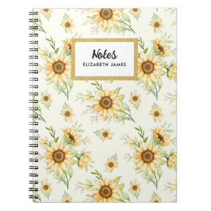 Rustic Watercolor Sunflowers Pattern Personized Notebook