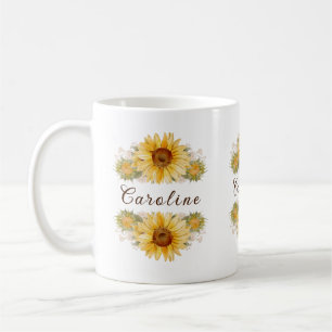 Rustic Watercolor Sunflowers Personalized  Coffee Mug