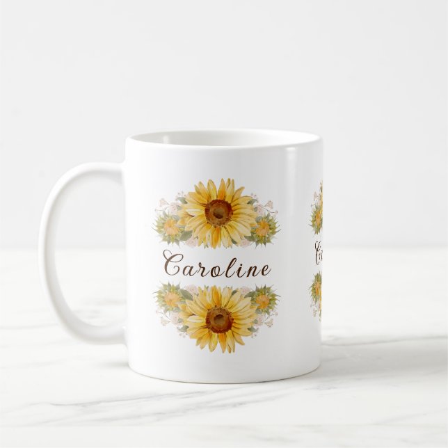 Rustic Watercolor Sunflowers Personalized  Coffee Mug (Left)