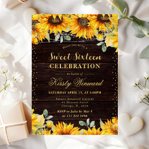 Rustic Watercolor Sunflowers Sweet 16 Invitation