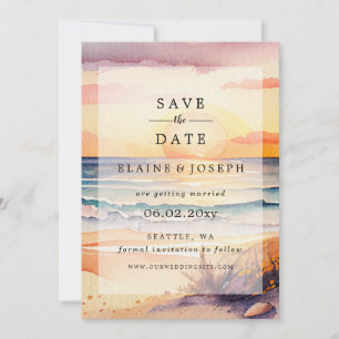 Rustic Watercolor Sunset Beach Sea Save The Date Announcement
