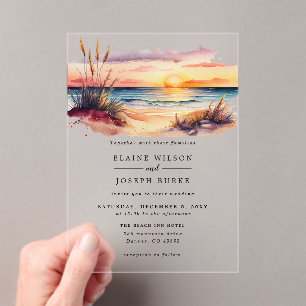 Rustic Watercolor Sunset Beach Seascape Wedding Acrylic Invitations