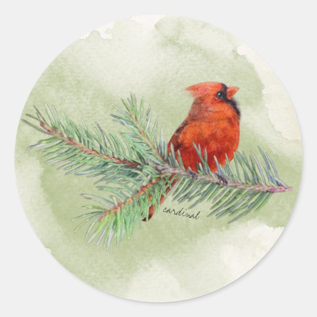 Rustic Watercolor Sweet Red Cardinal Classic Round Sticker (Front)