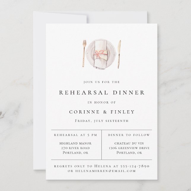 Rustic Watercolor Table Setting Rehearsal Dinner Announcement (Front)