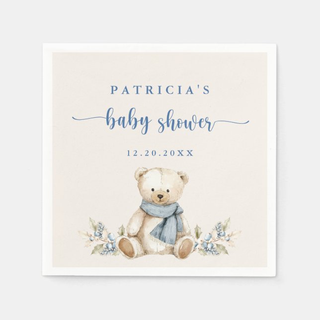Rustic Watercolor Teddy Bear Beige Baby Shower Napkin (Front)