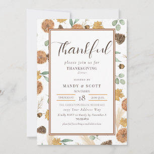 Rustic Watercolor Thankful Thanksgiving Dinner Invitation