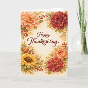 Rustic Watercolor Thanksgiving Floral Greeting Holiday Card