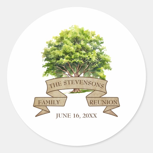 Rustic Watercolor Tree Family Reunion  Classic Round Sticker (Front)