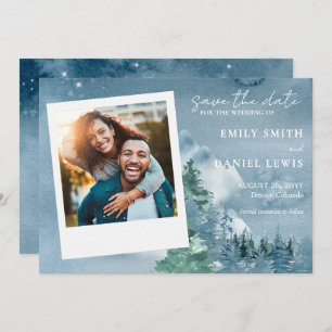 Rustic Watercolor Trees and Mountains Dusky Blue Save The Date