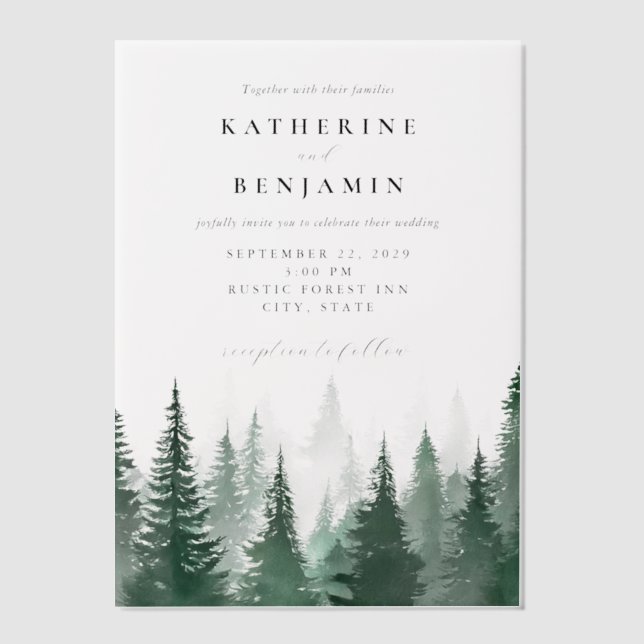Rustic Watercolor Trees Forest Wedding Vellum Invitations (Front)