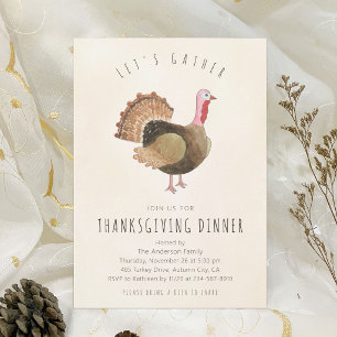 Rustic Watercolor Turkey Thanksgiving Dinner Invitation