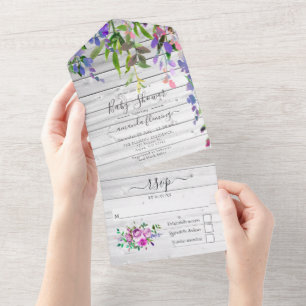 Rustic Watercolor Violet Floral Baby Shower All In One Invitation