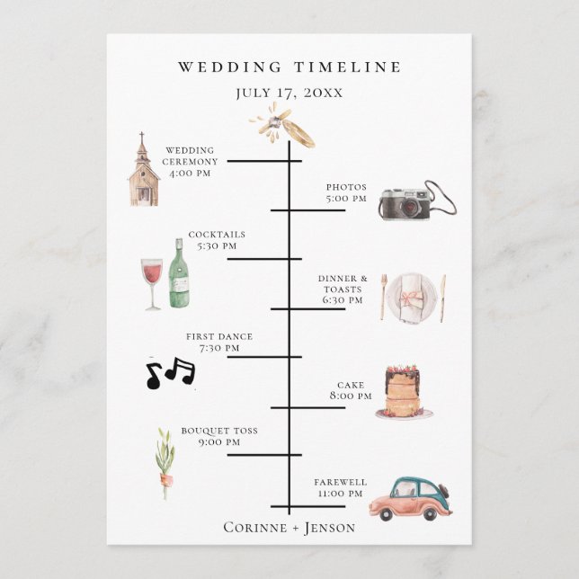 Rustic Watercolor Wedding Timeline Program (Front)