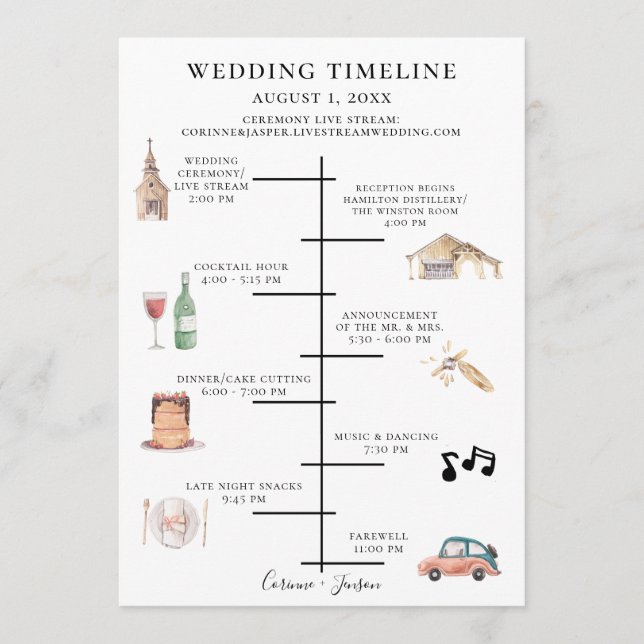Rustic Watercolor Wedding Timeline Program (Front)