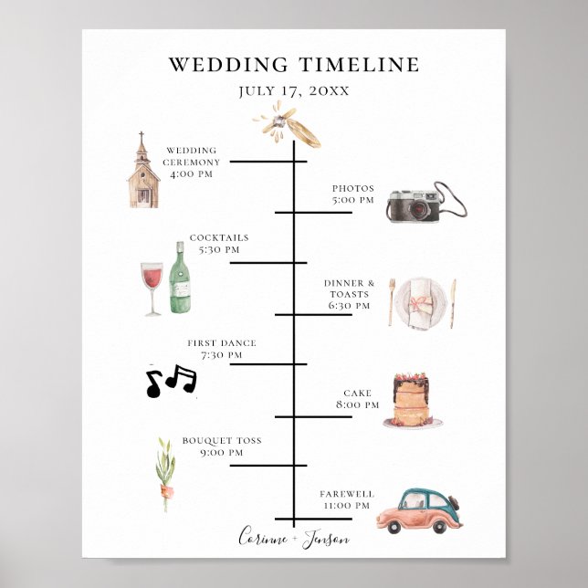 Rustic Watercolor Wedding Timeline Program Poster (Front)