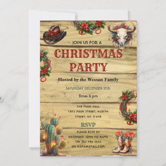 Rustic Watercolor Western Christmas Dinner Party Invitation