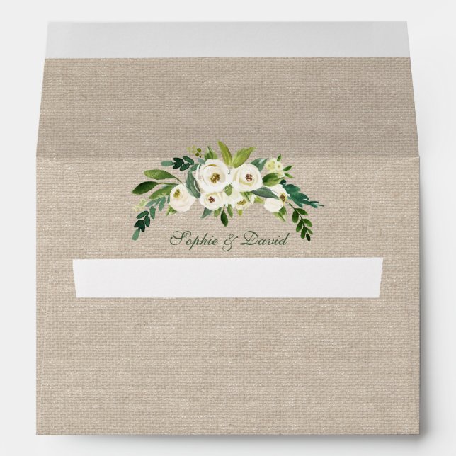 Rustic Watercolor White Floral Burlap Envelope (Back (Bottom))