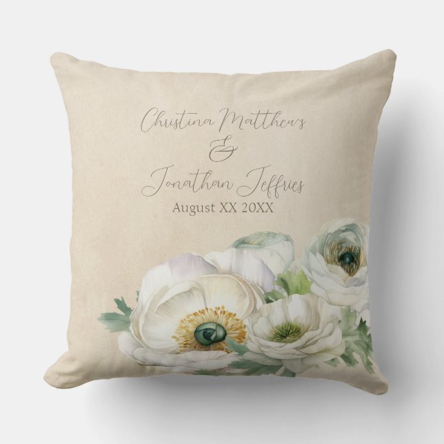 Rustic Watercolor White Ranunculus Throw Pillow (Front)