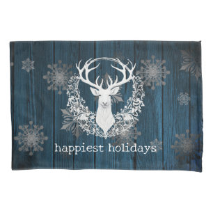 Rustic Watercolor White Reindeer Blue Pillowcase