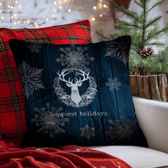 Rustic Watercolor White Reindeer | Blue Throw Pillow (Blue Rustic Watercolor White Reindeer Throw Pillow)