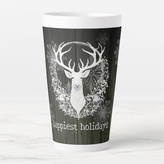 Rustic Watercolor White Reindeer | Green Latte Mug (Front)