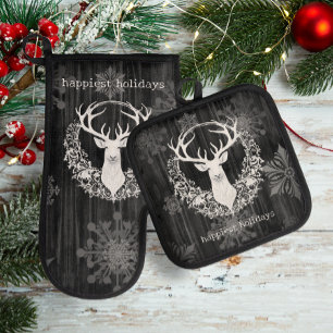Rustic Watercolor White Reindeer Oven Mitt & Pot Holder Set