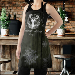 Rustic Watercolor White Reindeer Personalize Green Apron
