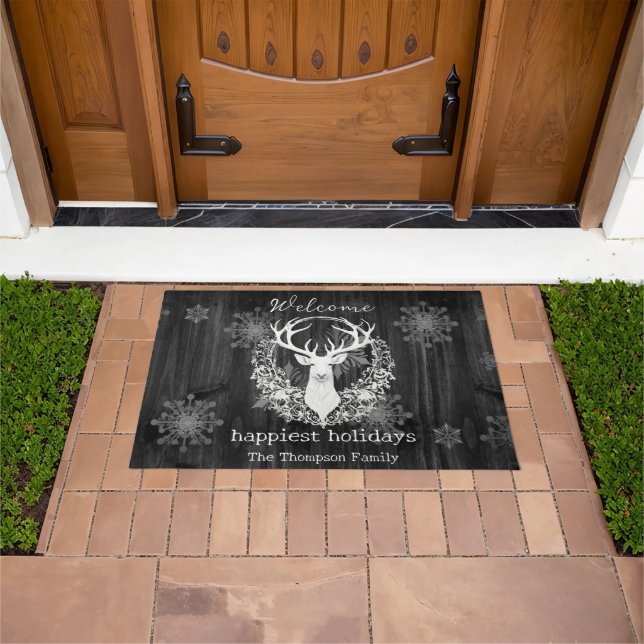 Rustic Watercolor White Reindeer Personalized Doormat (Outdoor)