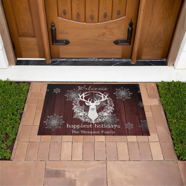 Rustic Watercolor White Reindeer Personalized Red Doormat (Outdoor)