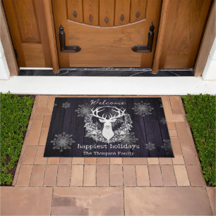 Rustic Watercolor White Reindeer Purple Doormat